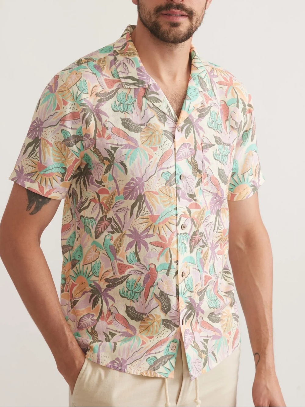 MARINE LAYER SZ LG TENCEL LINEN RESORT SHIRT IN BRIGHT CABANA